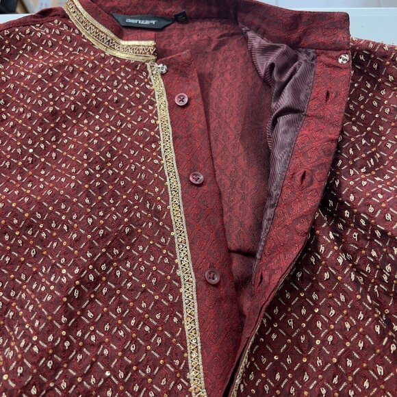 Benzer Traditional Maroon Embroidered Kurta with Gold Trim Mens — Size 40 - Picture 9 of 11